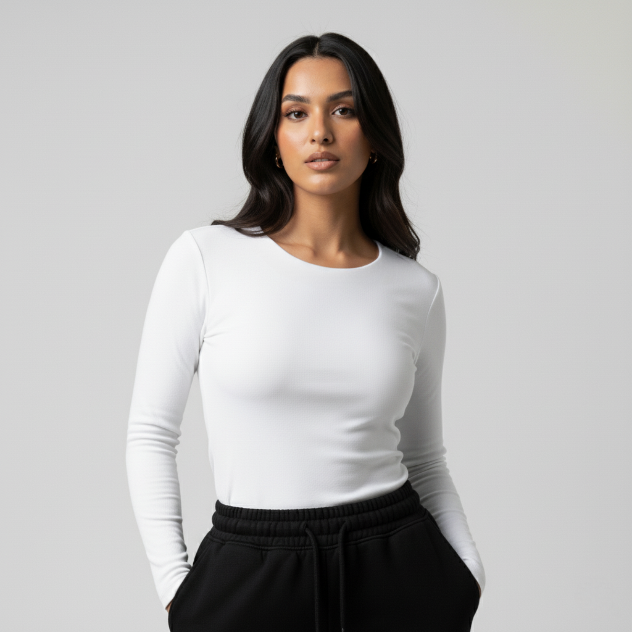 White Round Neck Long Sleeve Women's Top