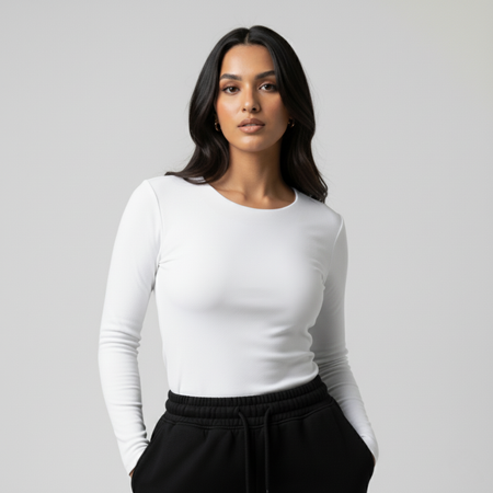White Round Neck Long Sleeve Women's Top