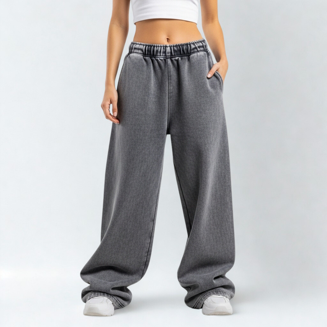 Washed Unisex Heavy Wide Leg Sweatpants - Grey