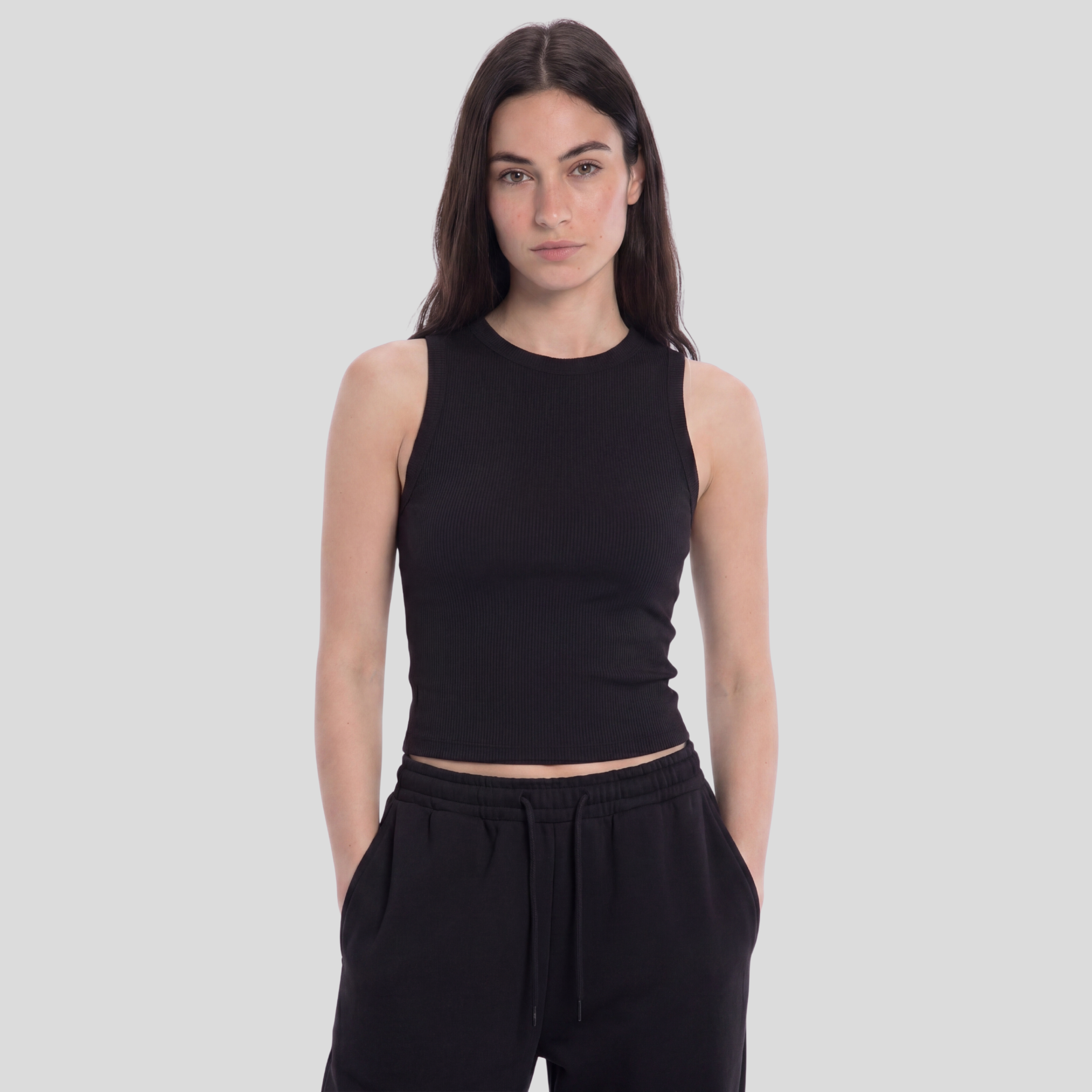 Women Crewneck Ribbed Tank Top - Black