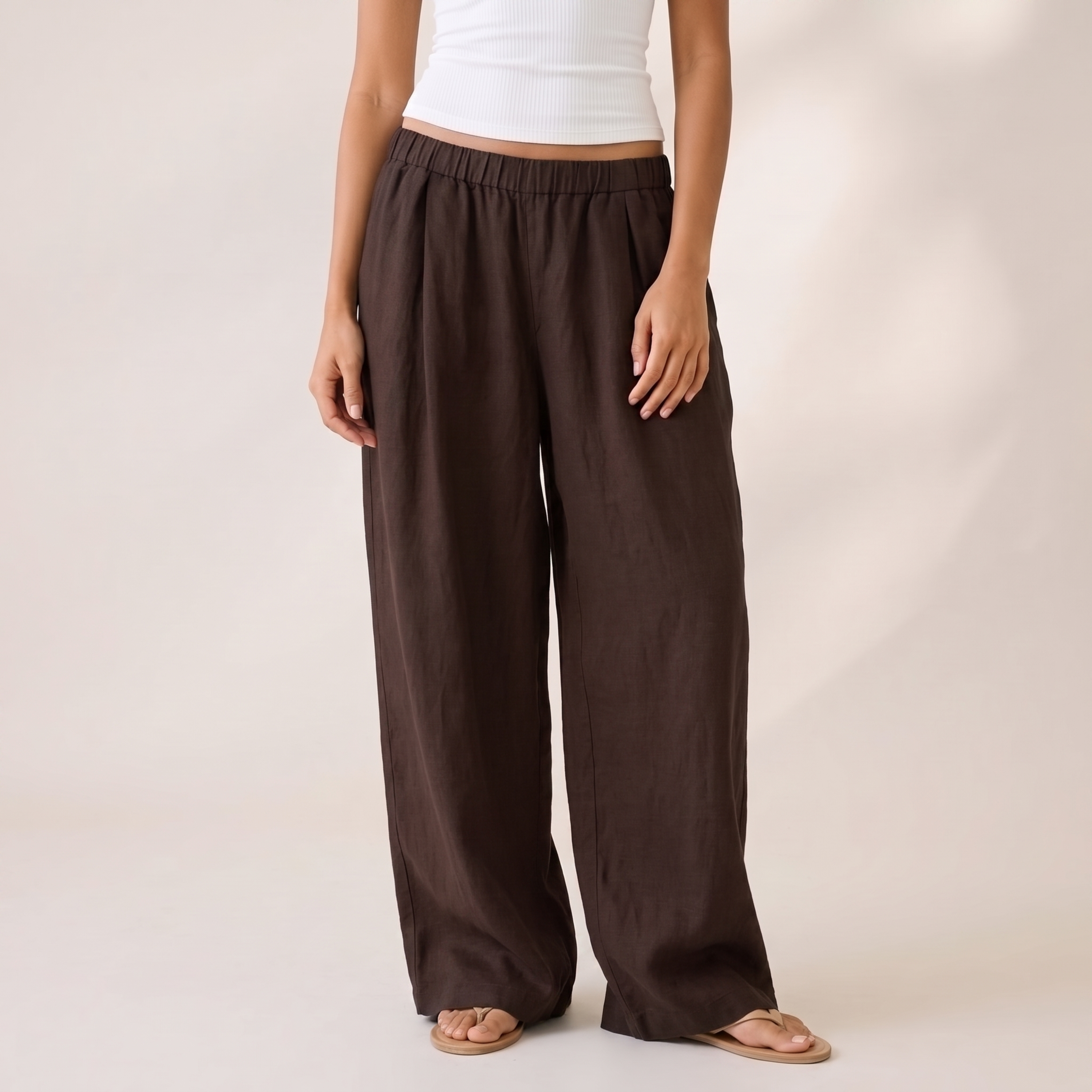 Linen Wide Leg Unisex Pants - Brown