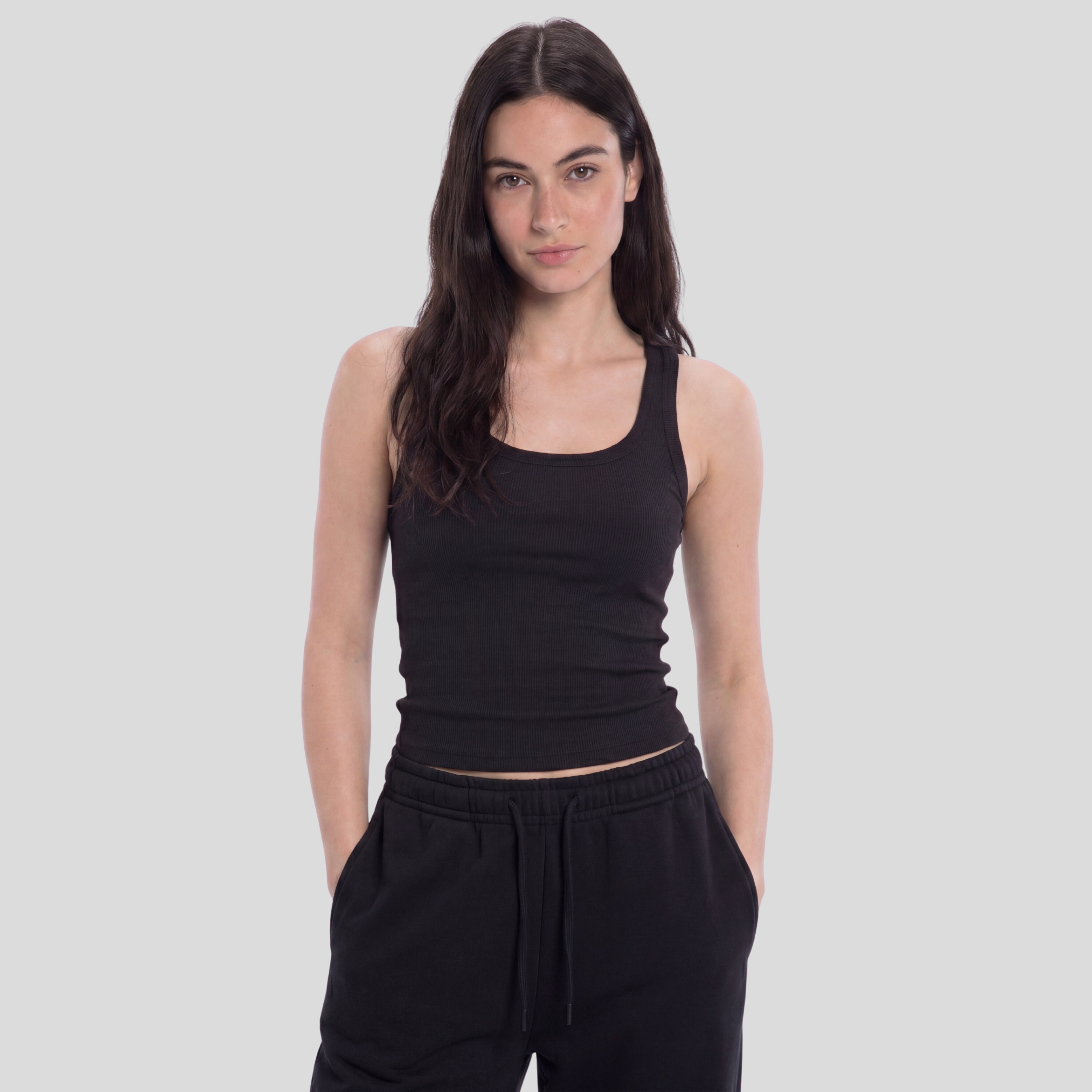 Women Wide Neck Ribbed Tank Top - Black