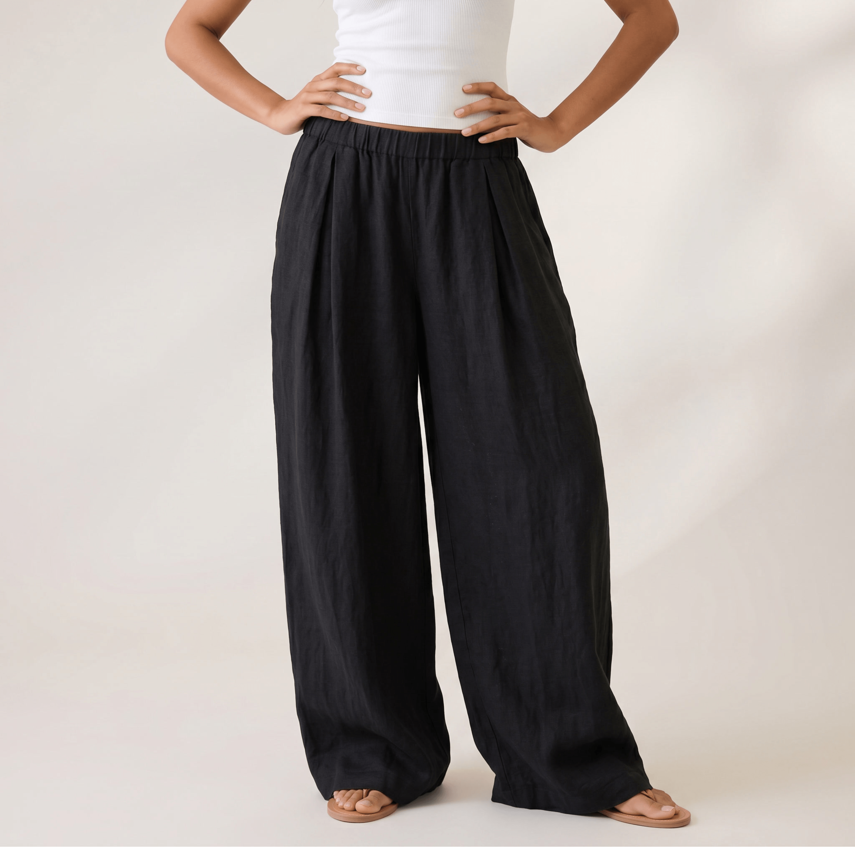 Linen Wide Leg Unisex Pants - Black