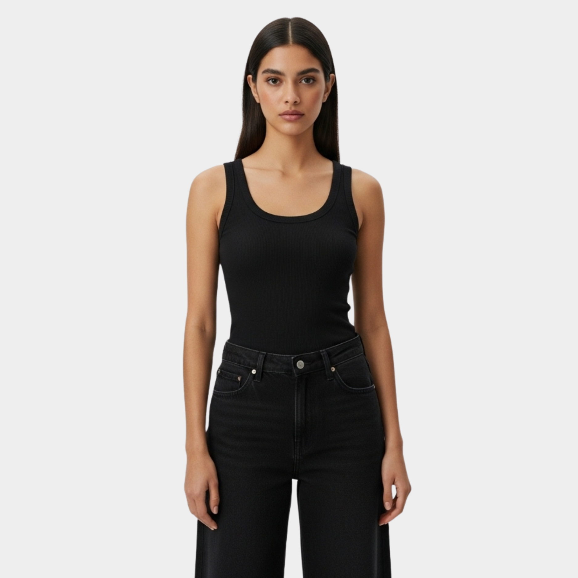 Women Black U-Shaped Ribbed Tank Top