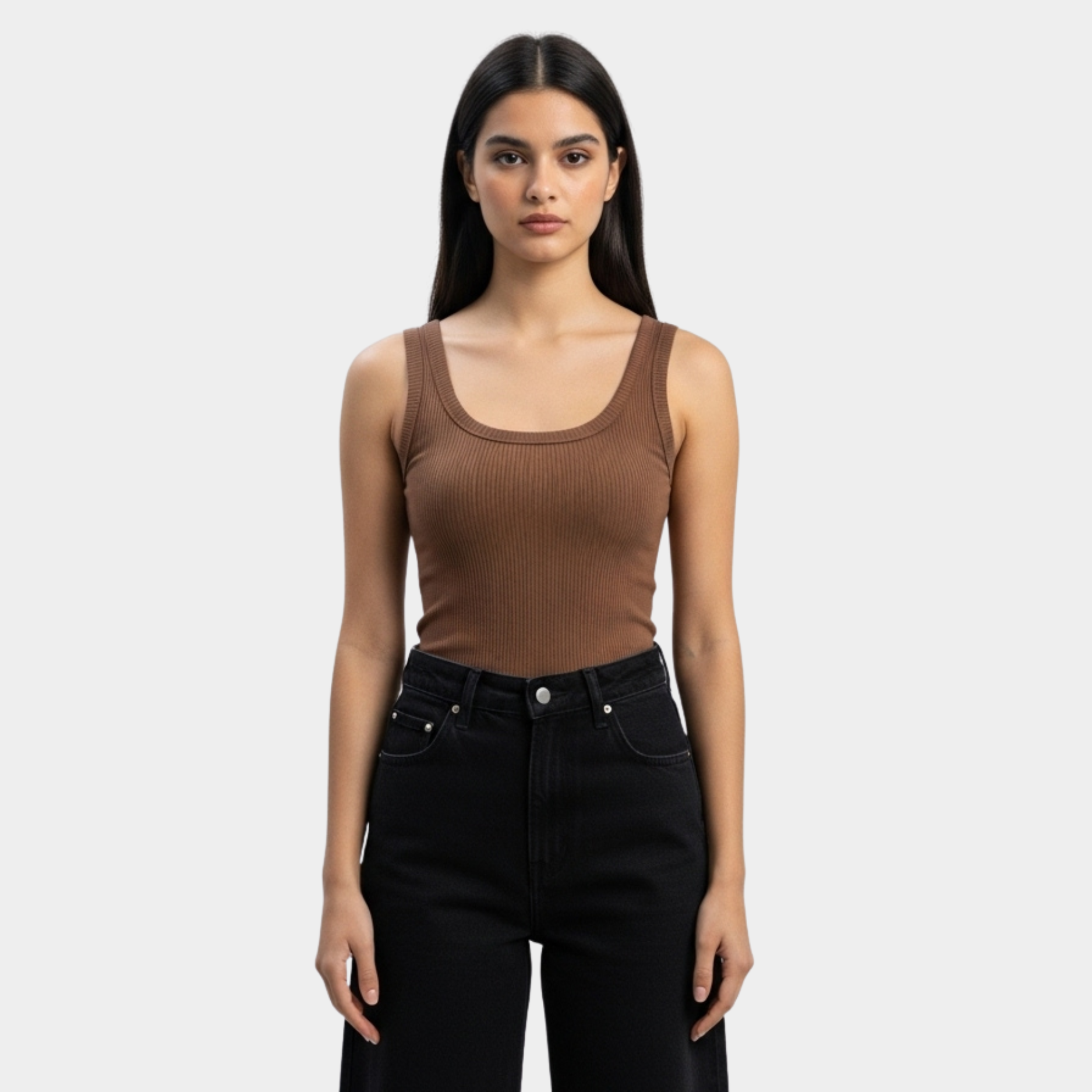 Women Brown U-Shaped Ribbed Tank Top