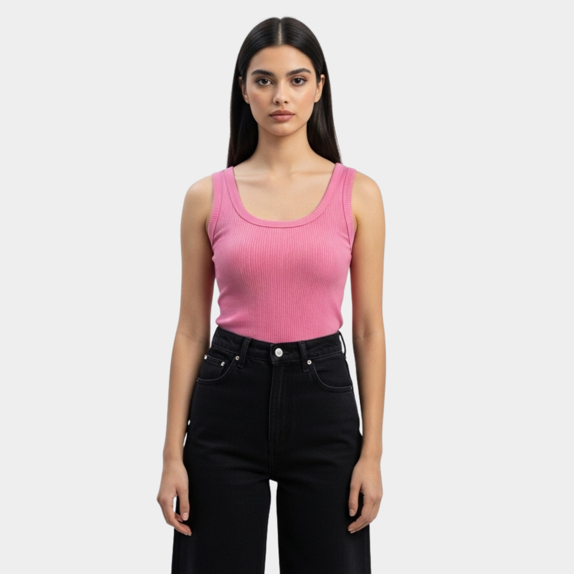 Women Pink U-Shaped Ribbed Tank Top