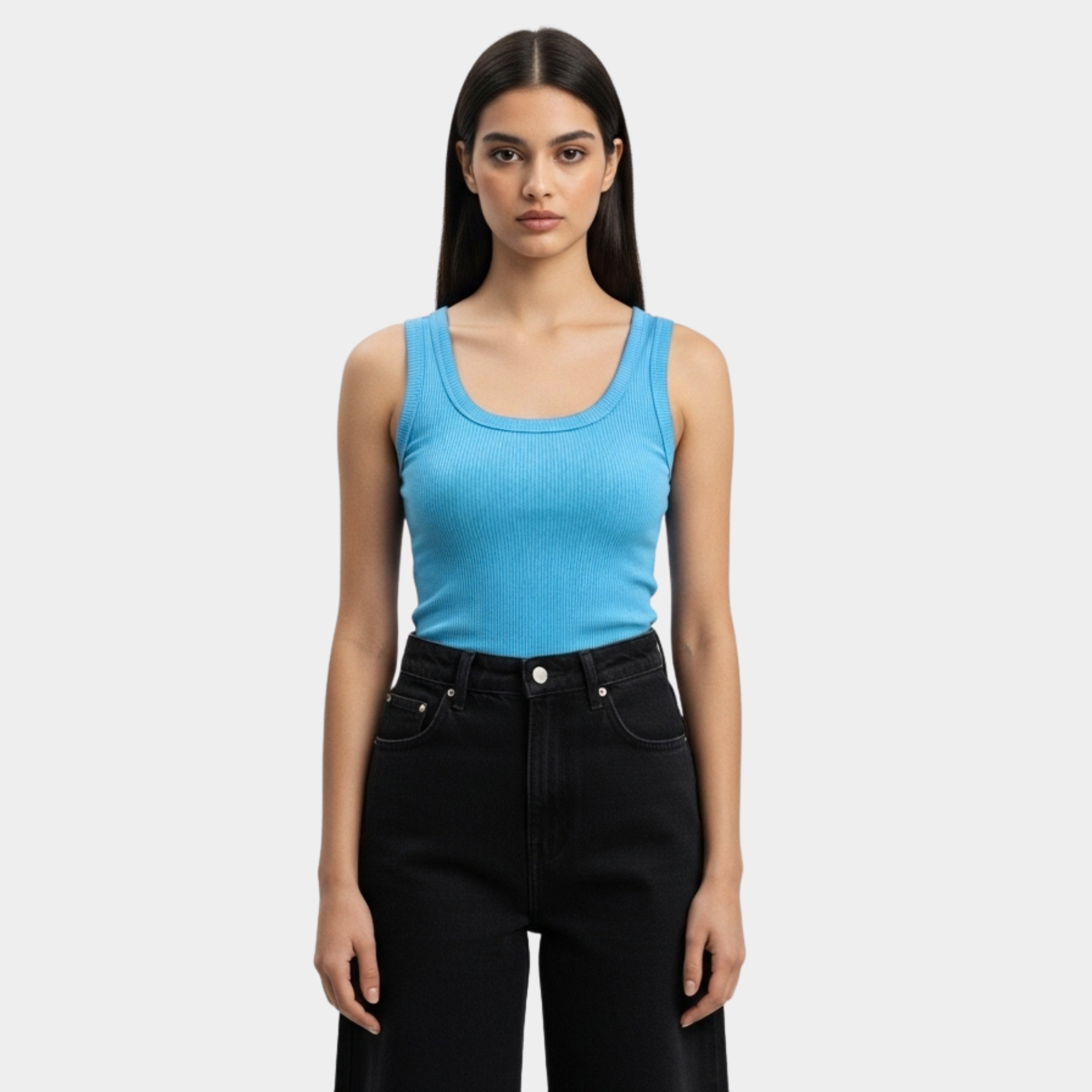 Women Sky Blue U-Shaped Ribbed Tank Top