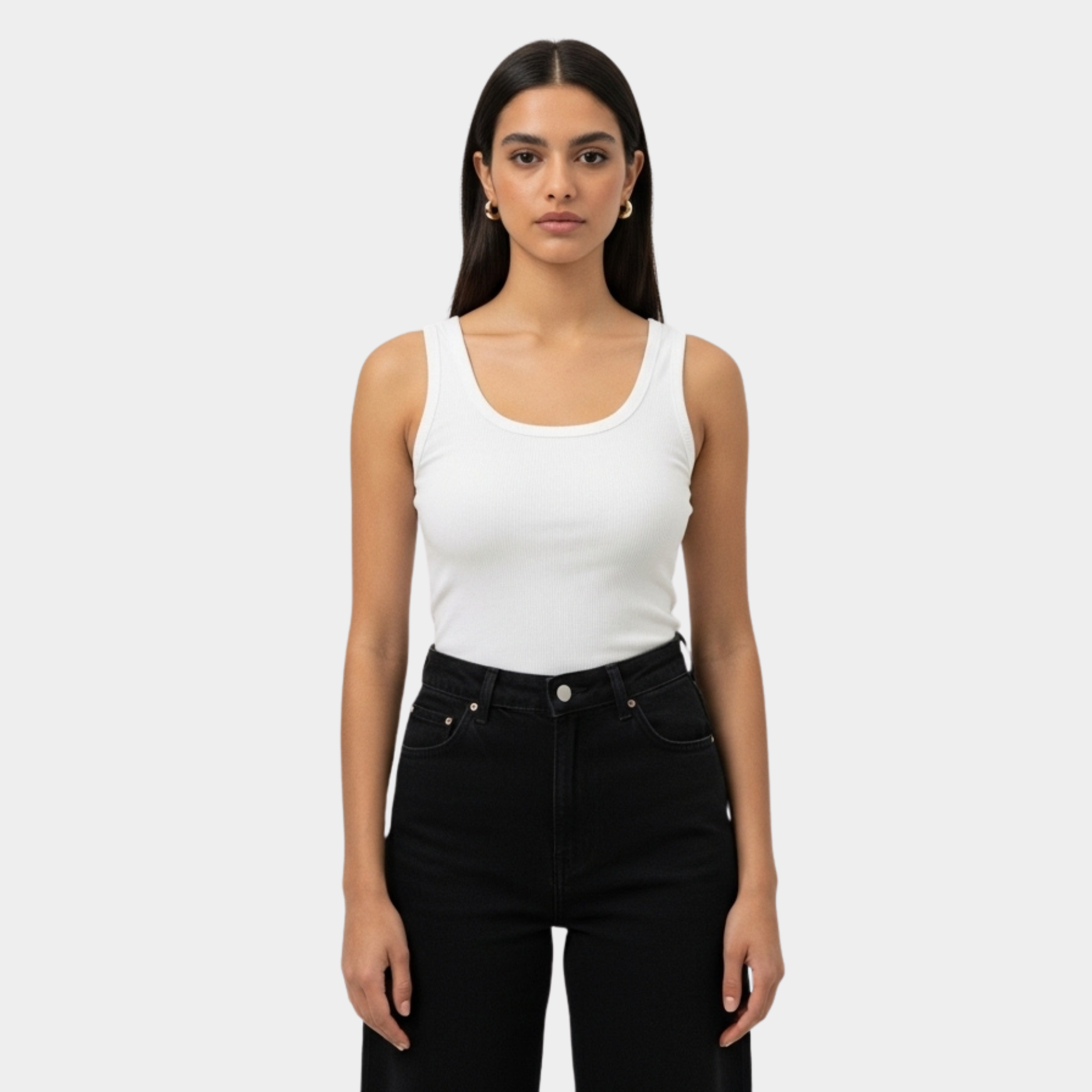 Women White U-Shaped Ribbed Tank Top