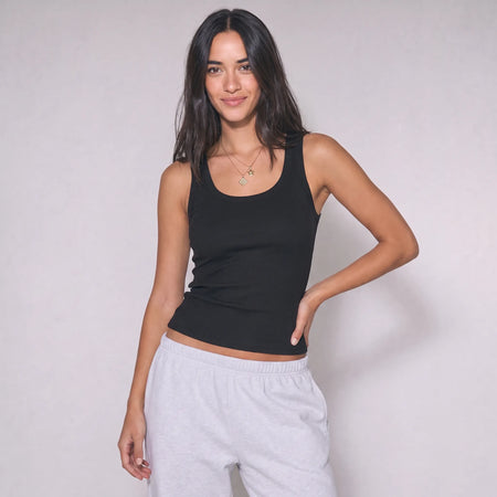 Women Wide Neck Ribbed Tank Top - Black
