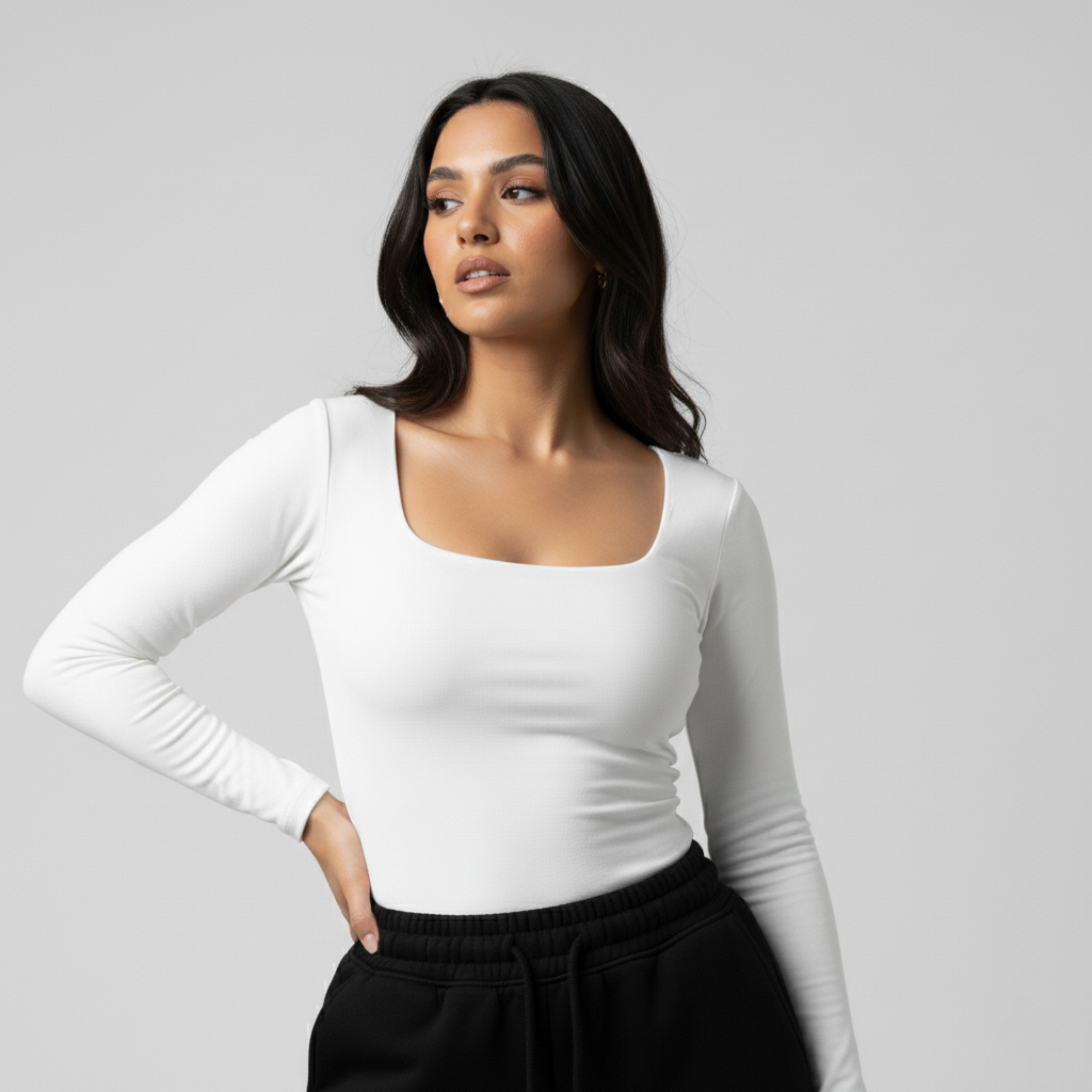 White Squared Neck Long Sleeve Women's Top