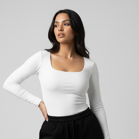White Squared Neck Long Sleeve Women's Top