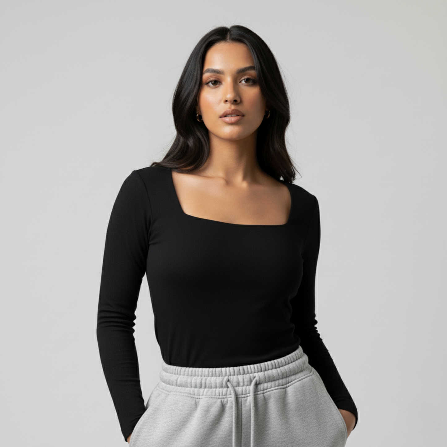 Black Squared Neck Long Sleeve Women's Top