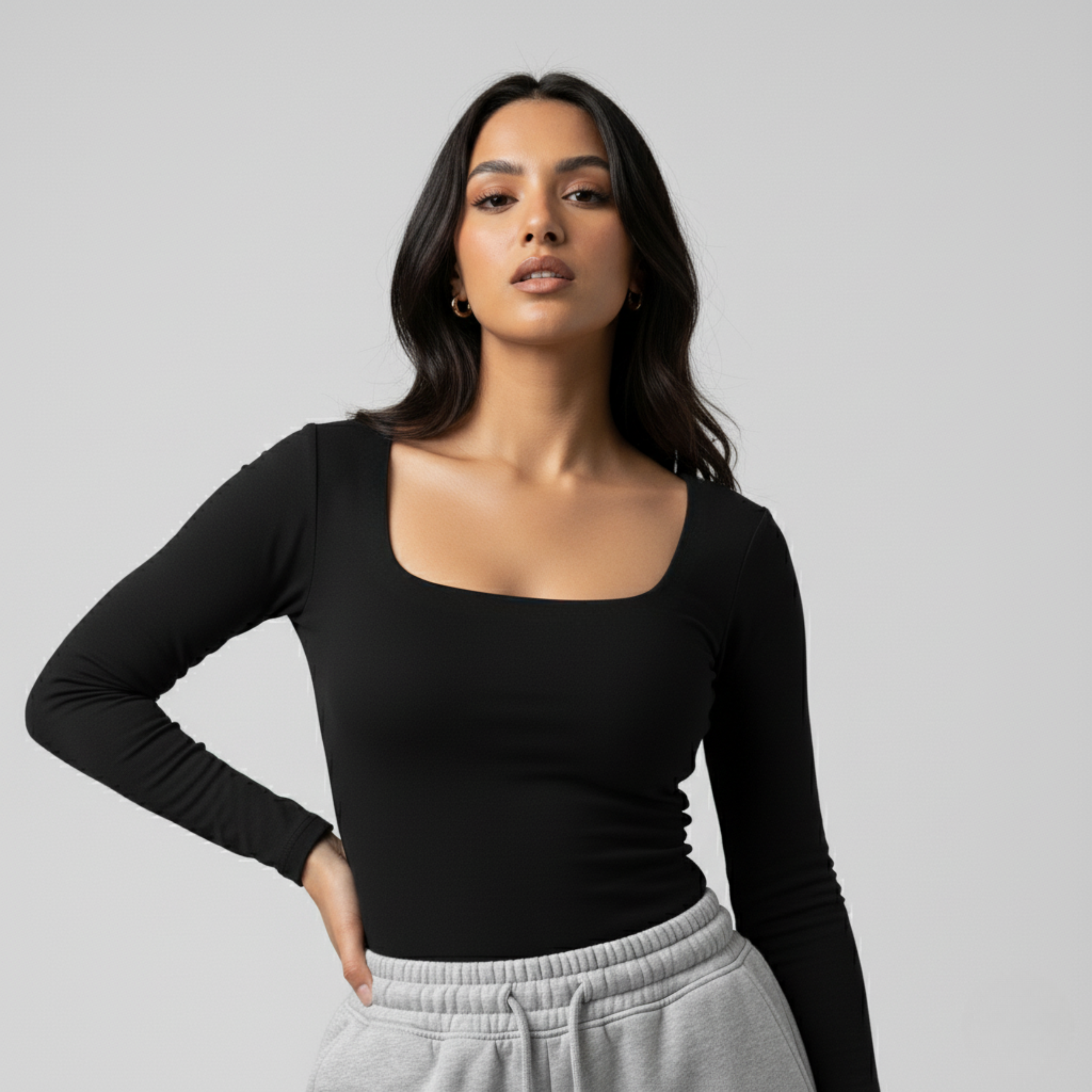 Black Squared Neck Long Sleeve Women's Top
