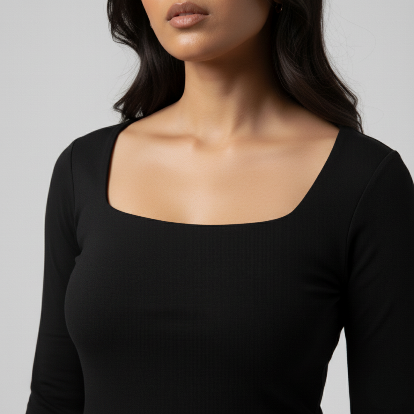 Black Squared Neck Long Sleeve Women's Top