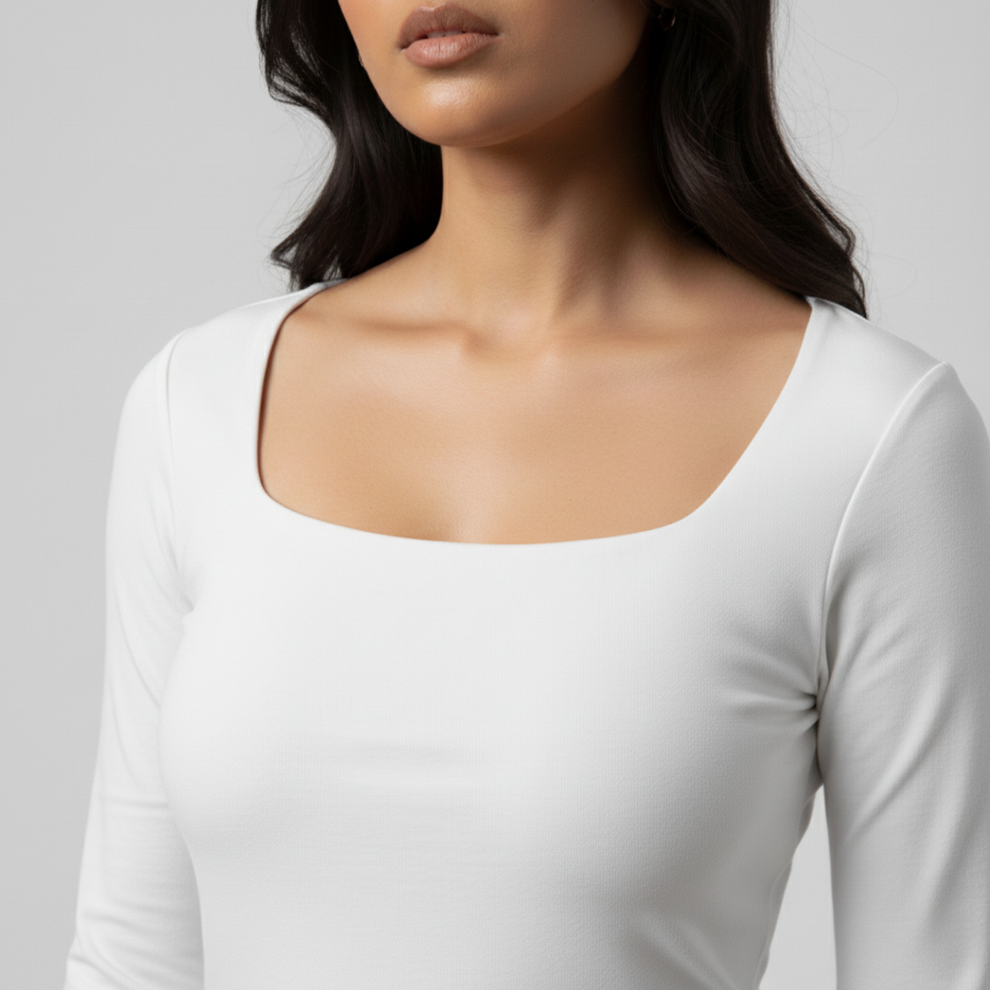 White Squared Neck Long Sleeve Women's Top