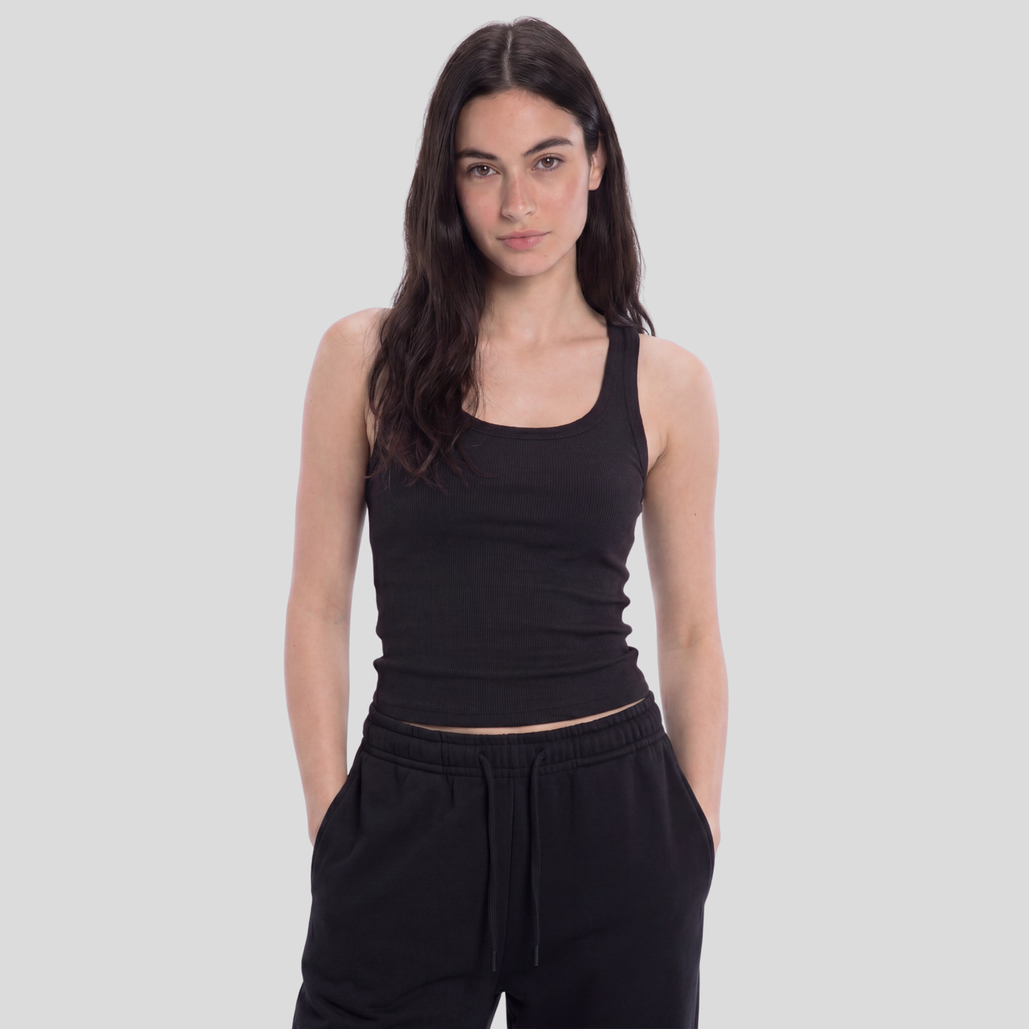 Women Wide Neck Ribbed Tank Top - Black