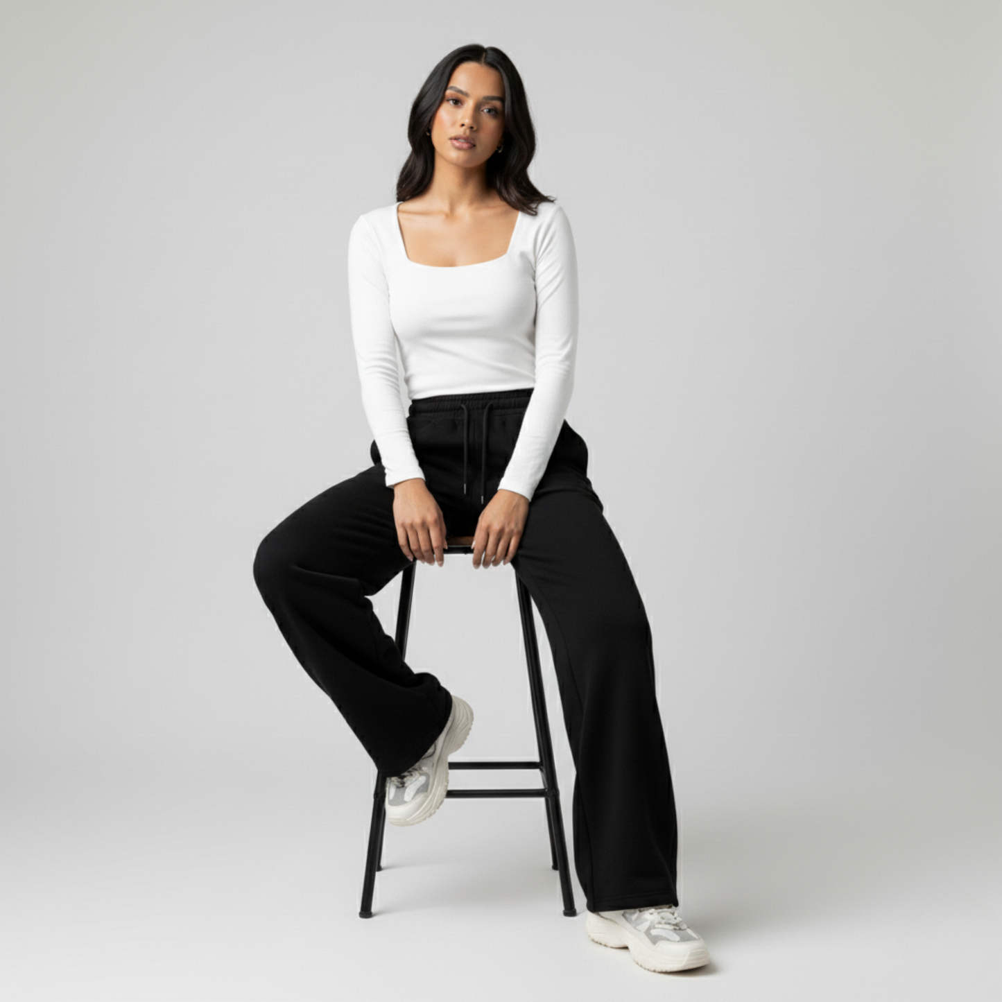 White Wide Neck Long Sleeve Women's Top