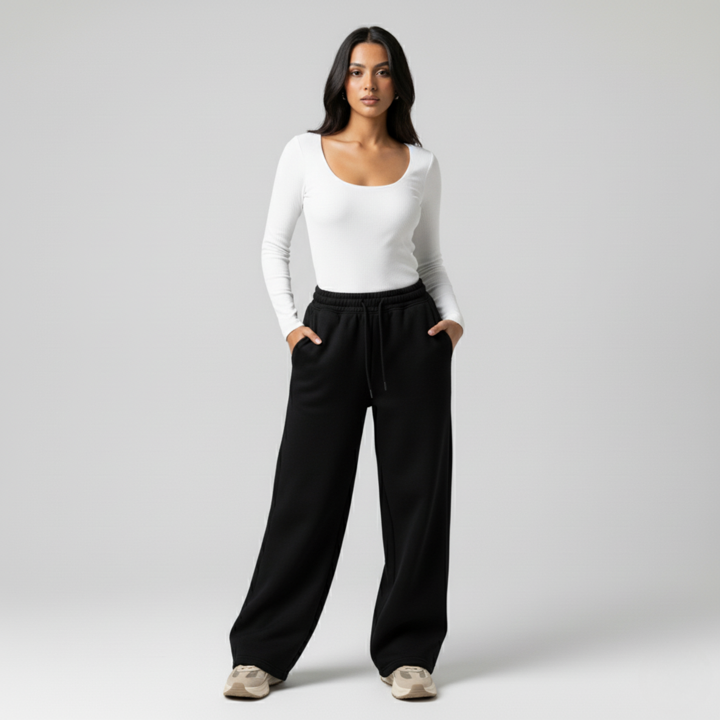 White Wide Neck Long Sleeve Women's Top