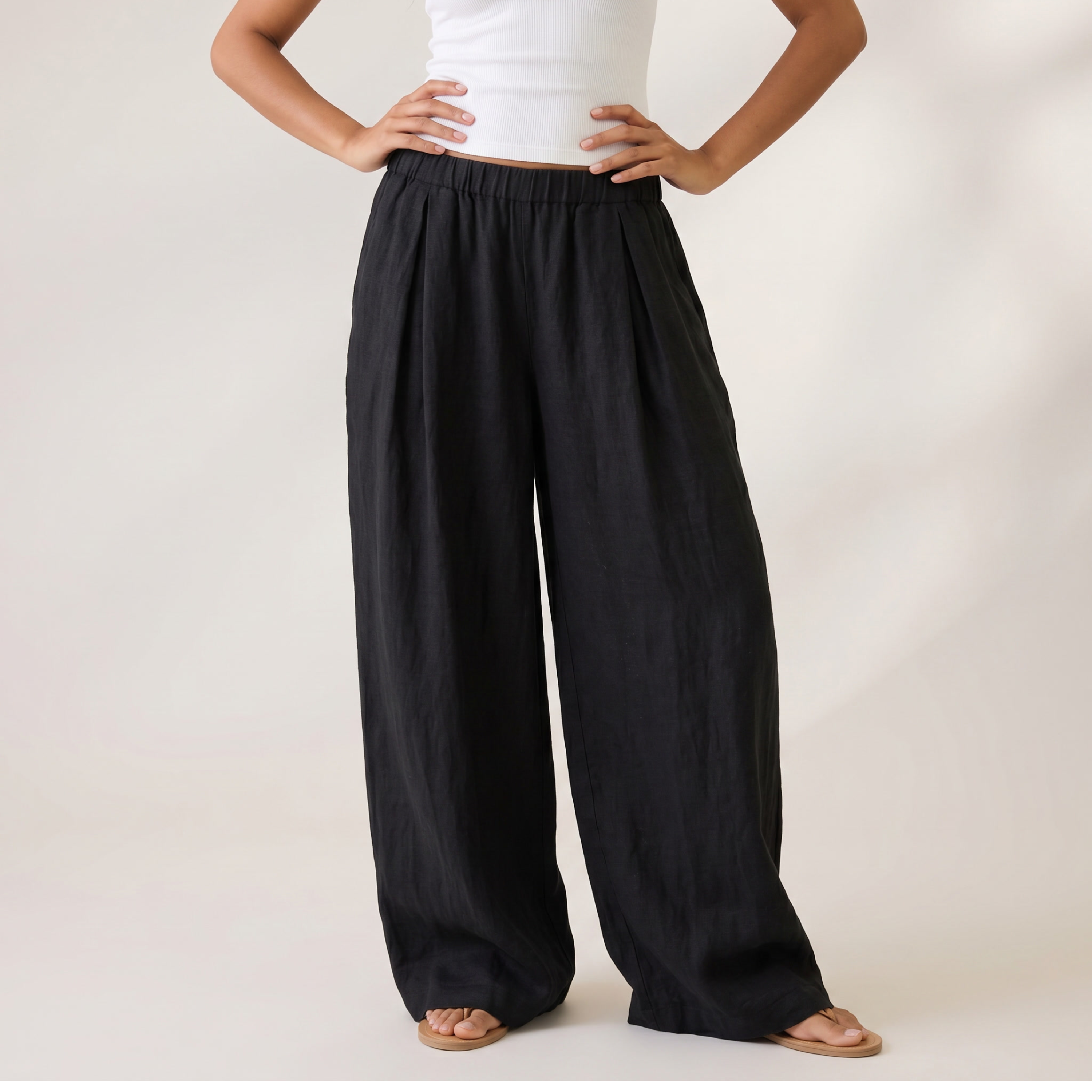 Linen Wide Leg Unisex Pants - Black