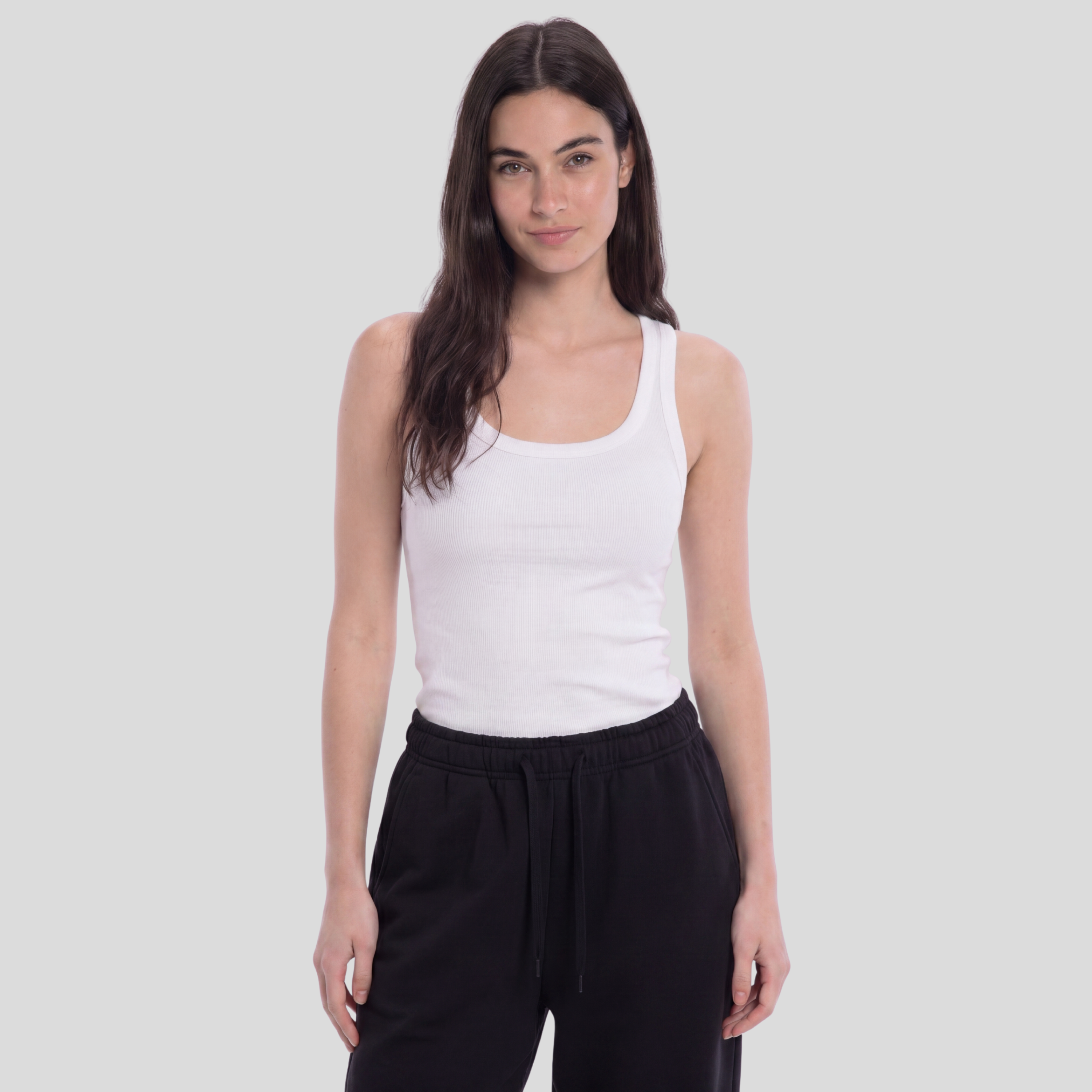 Women Wide Neck Ribbed Tank Top - White