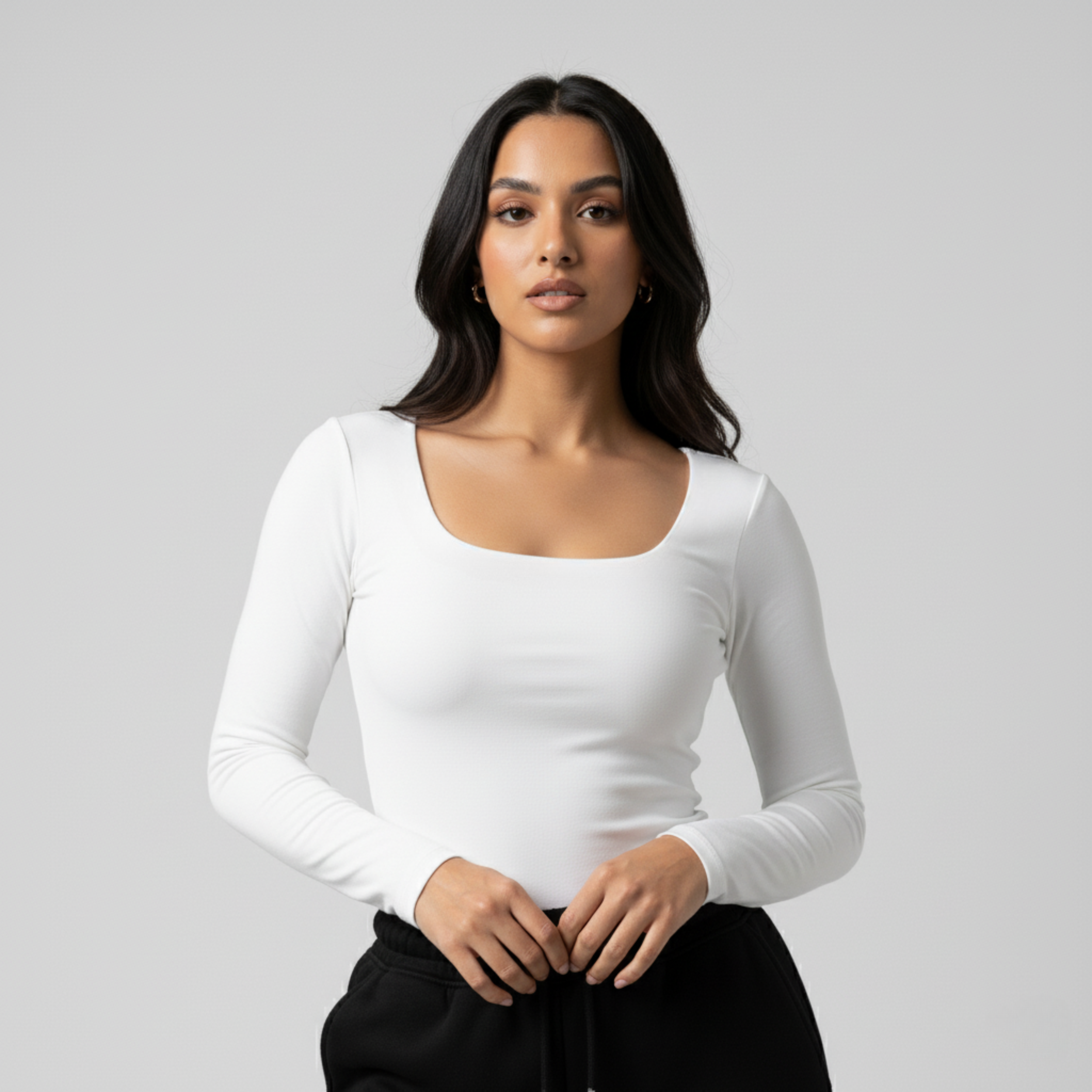 White Wide Neck Long Sleeve Women's Top