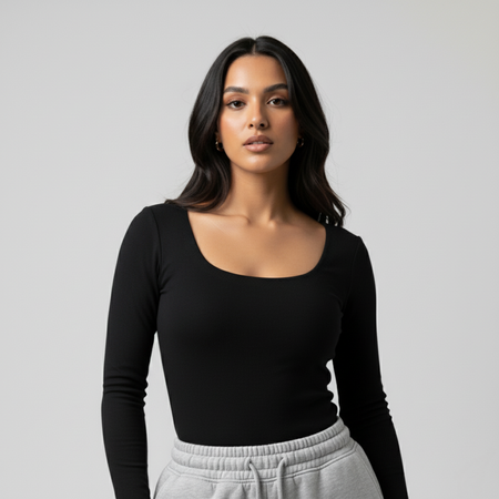 Black Wide Neck Long Sleeve Women's Top