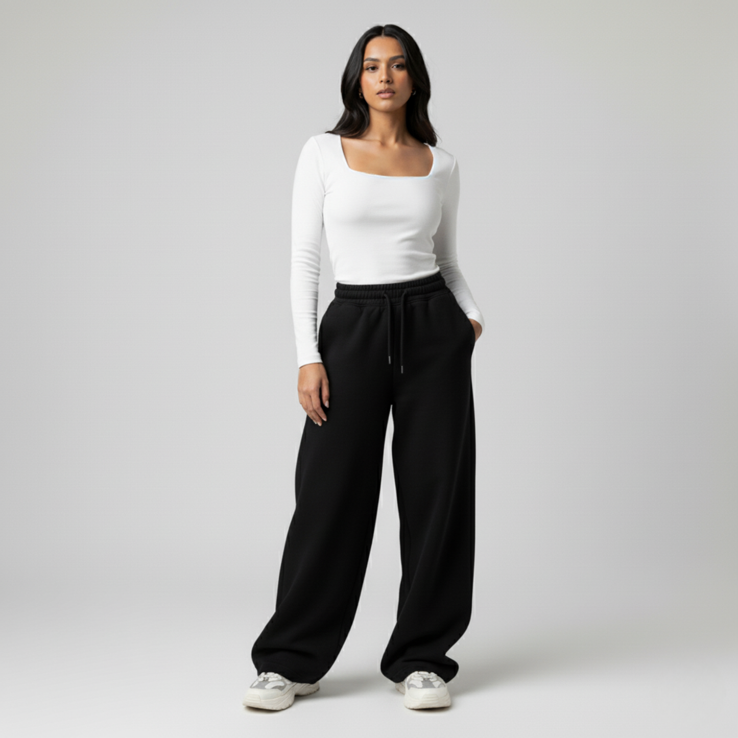 White Squared Neck Long Sleeve Women's Top