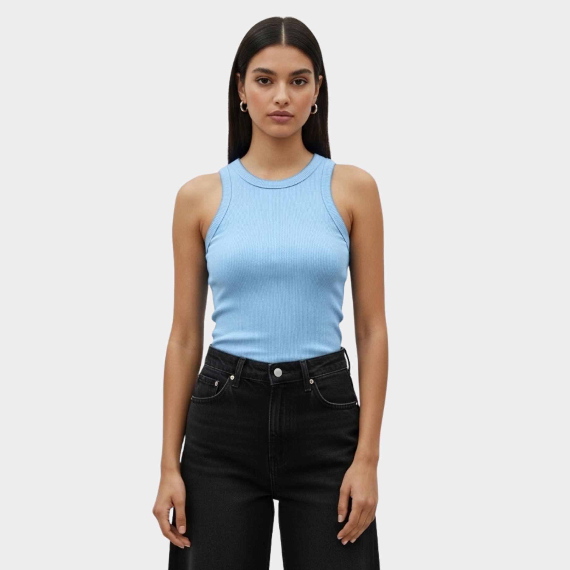 Women Baby Blue Crewneck Ribbed Tank Top