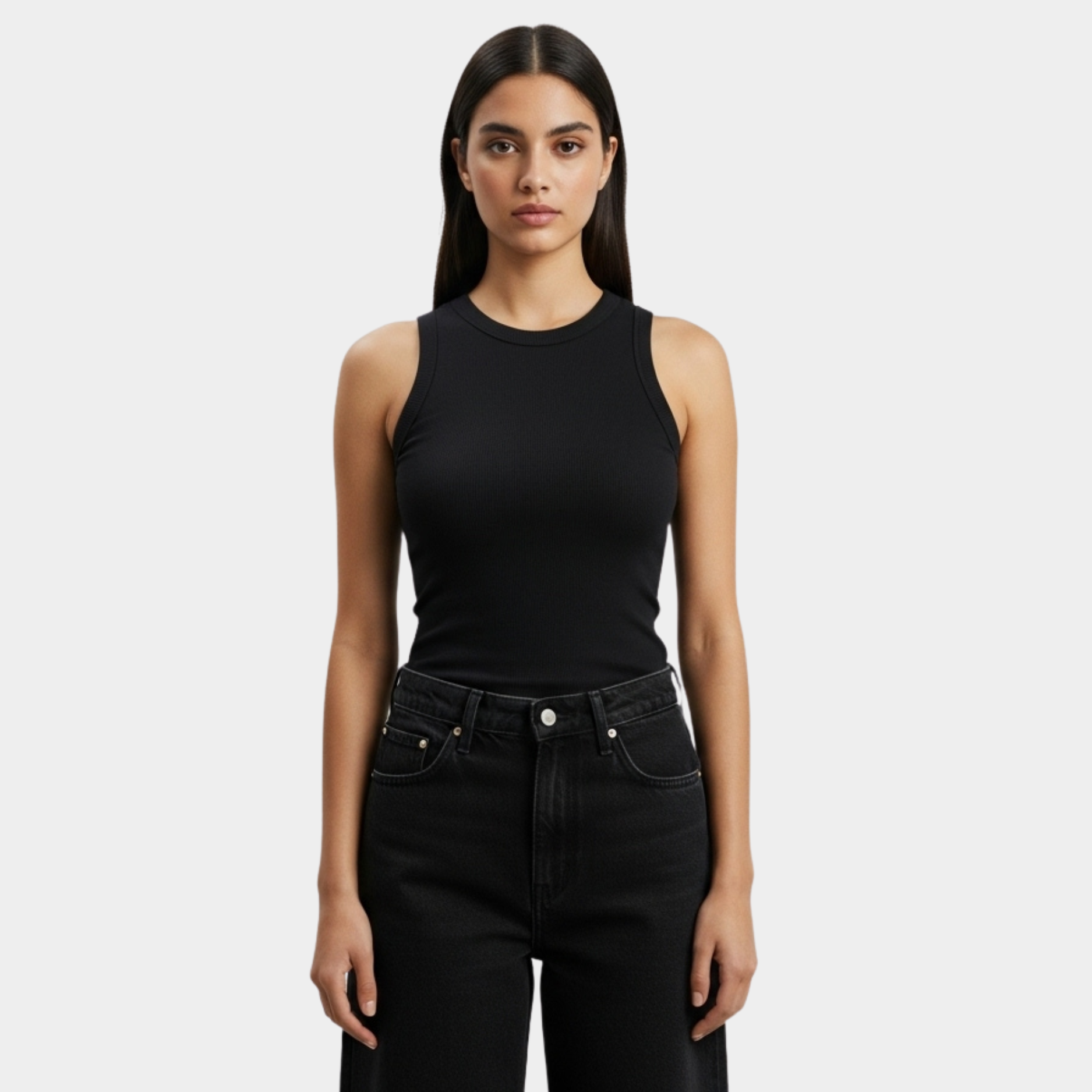 Women Black Crewneck Ribbed Tank Top