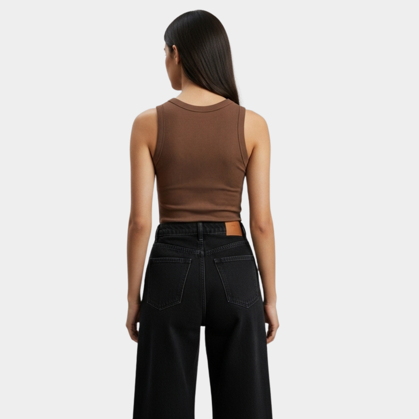 Women Brown Crewneck Ribbed Tank Top