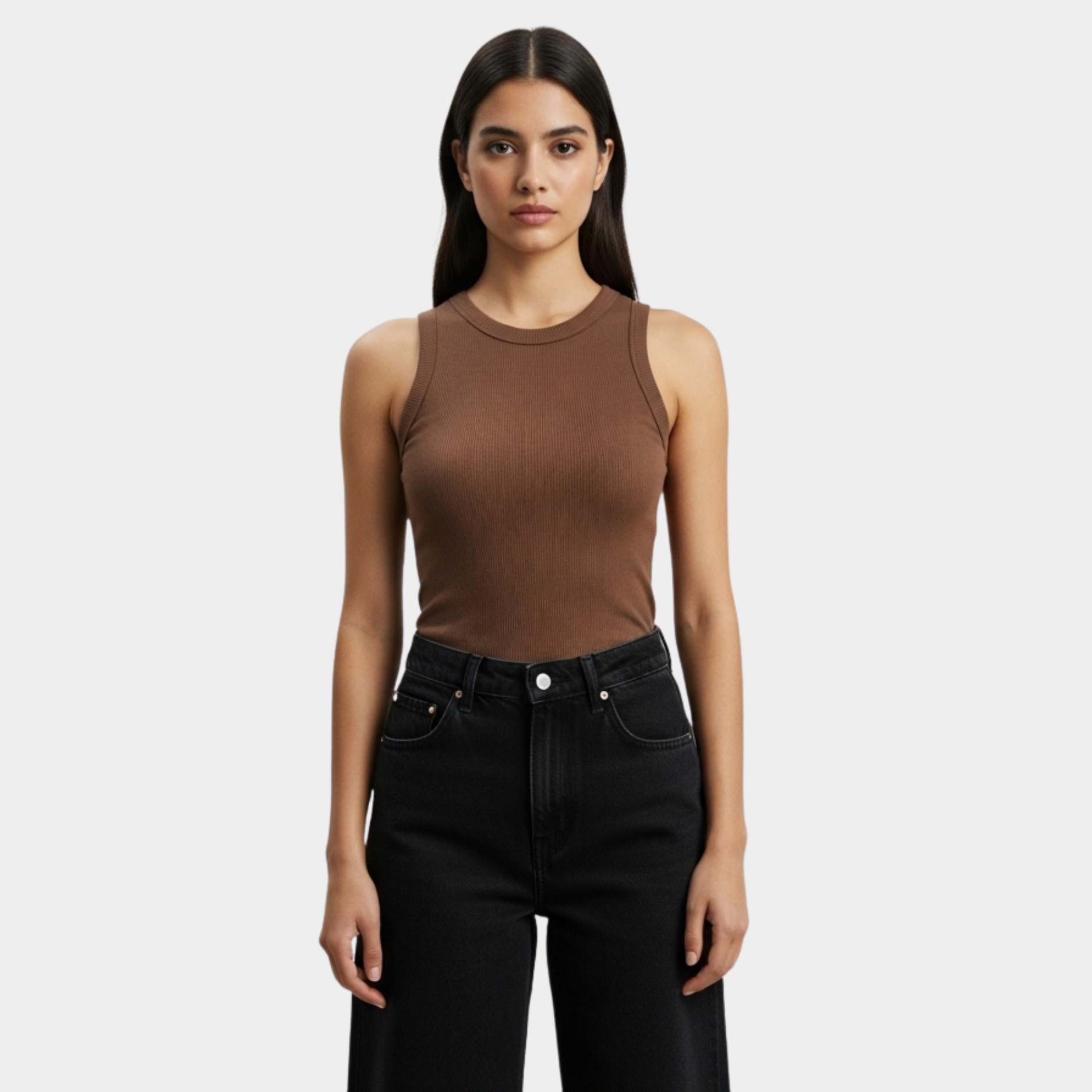 Women Brown Crewneck Ribbed Tank Top