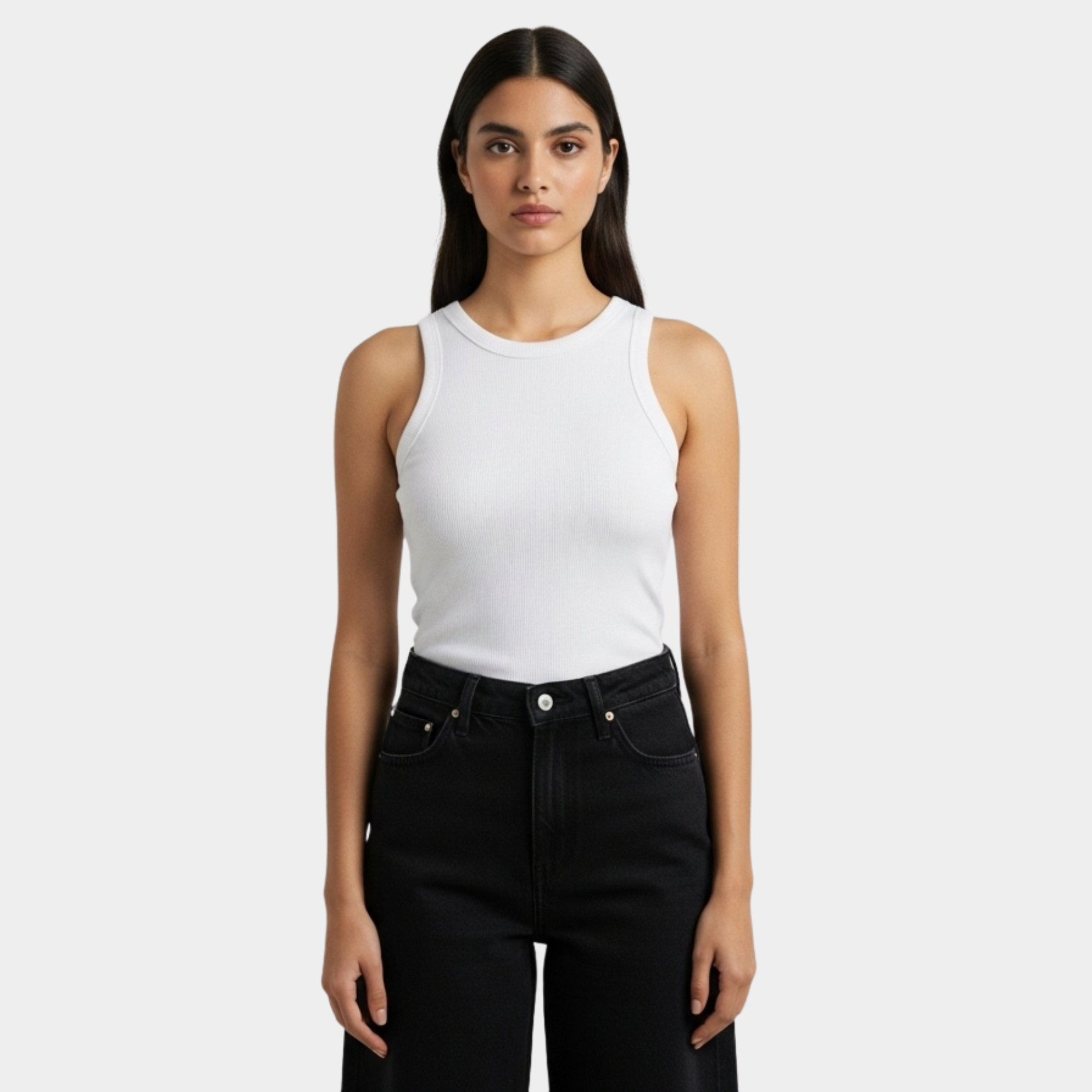 Women White Crewneck Ribbed Tank Top