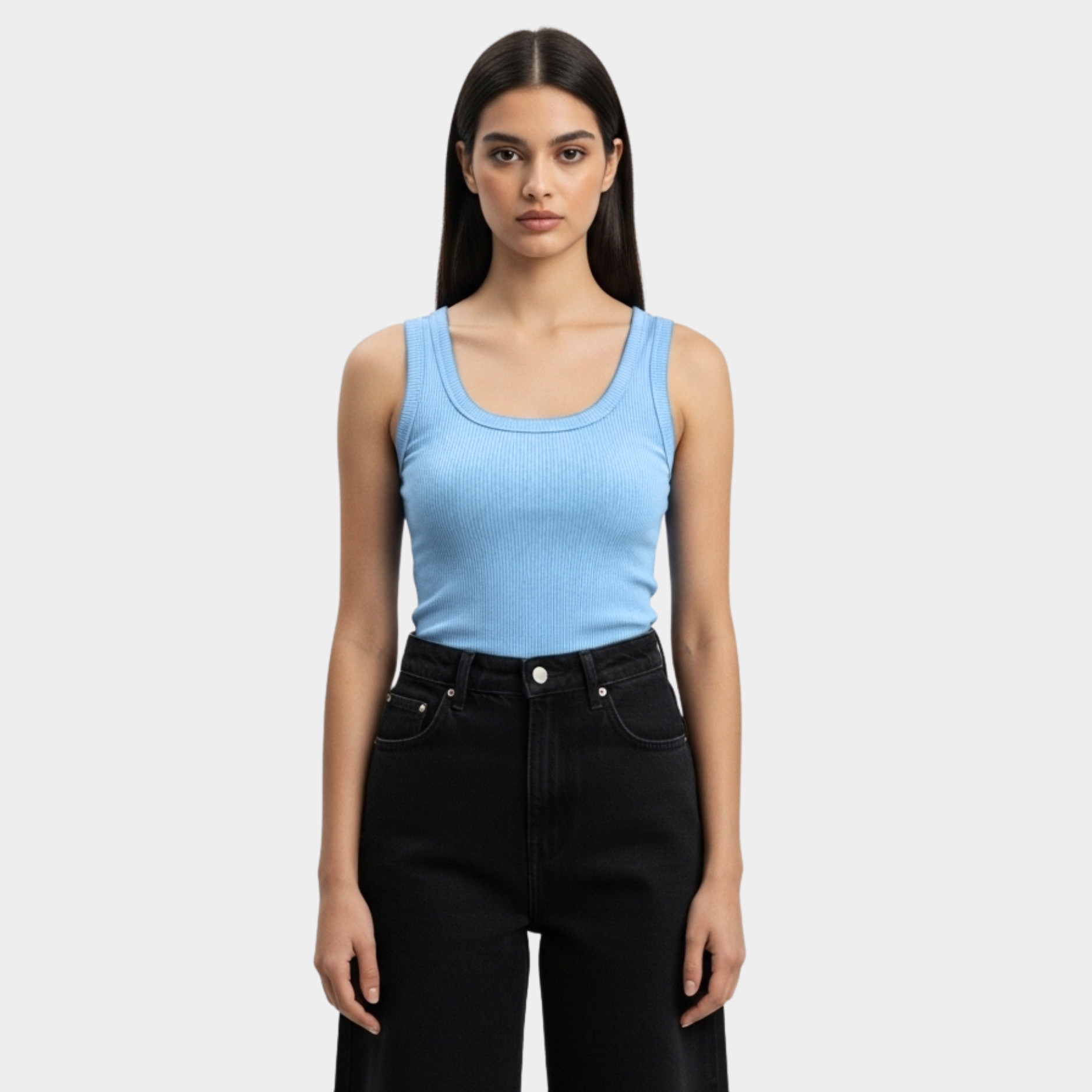 Women Baby Blue U-Shaped Ribbed Tank Top