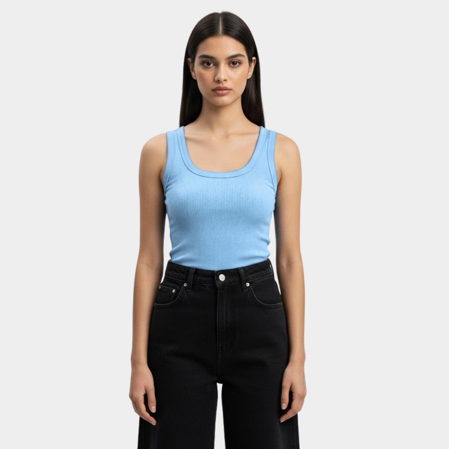 Women Baby Blue U-Shaped Ribbed Tank Top