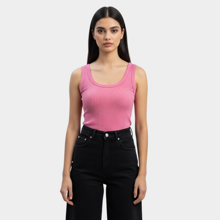 Women Pink U-Shaped Ribbed Tank Top