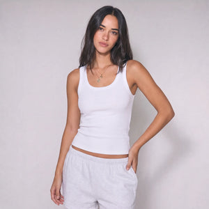Women Wide Neck Ribbed Tank Top - White