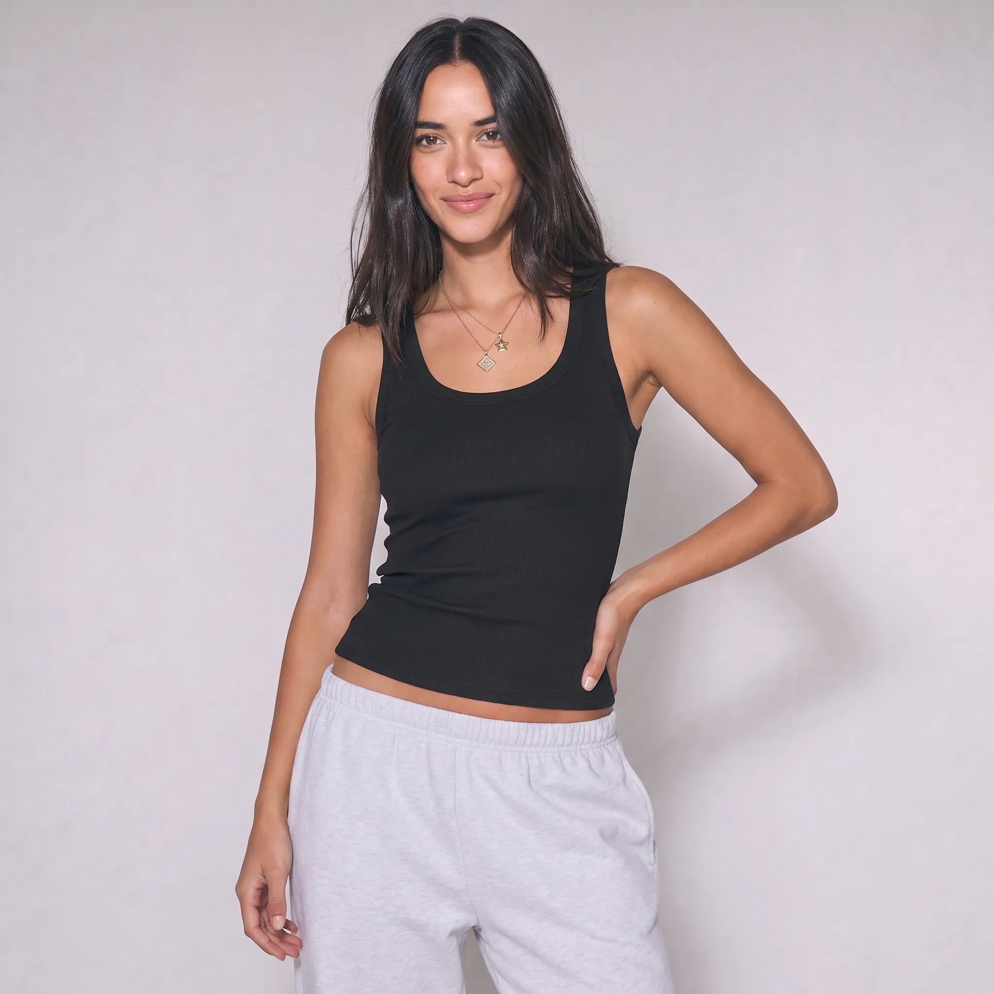 Women Wide Neck Ribbed Tank Top - Black