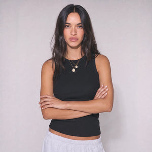 Women Crewneck Ribbed Tank Top - Black